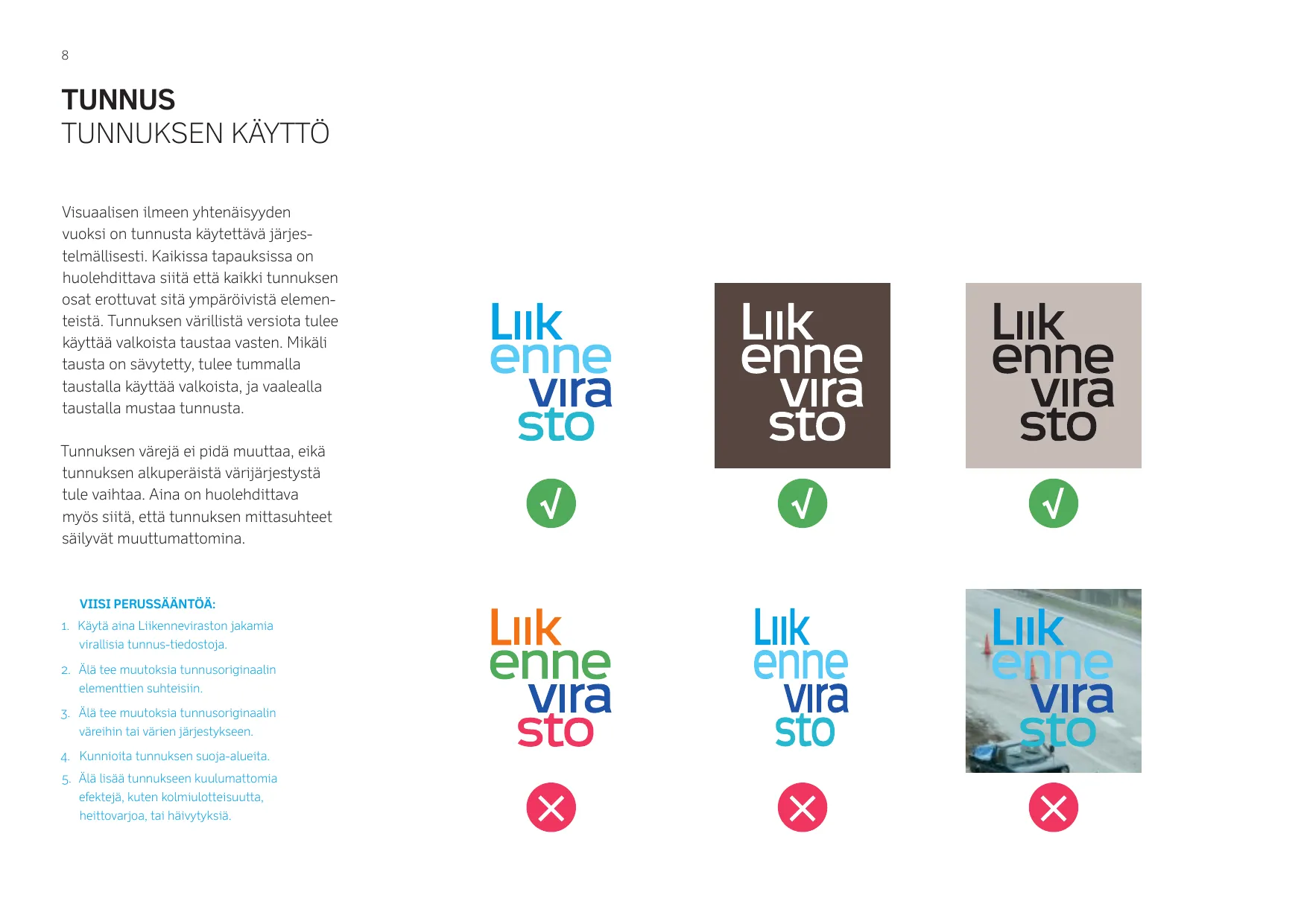 Logo usage examples showing correct and incorrect applications with checkmarks and X marks