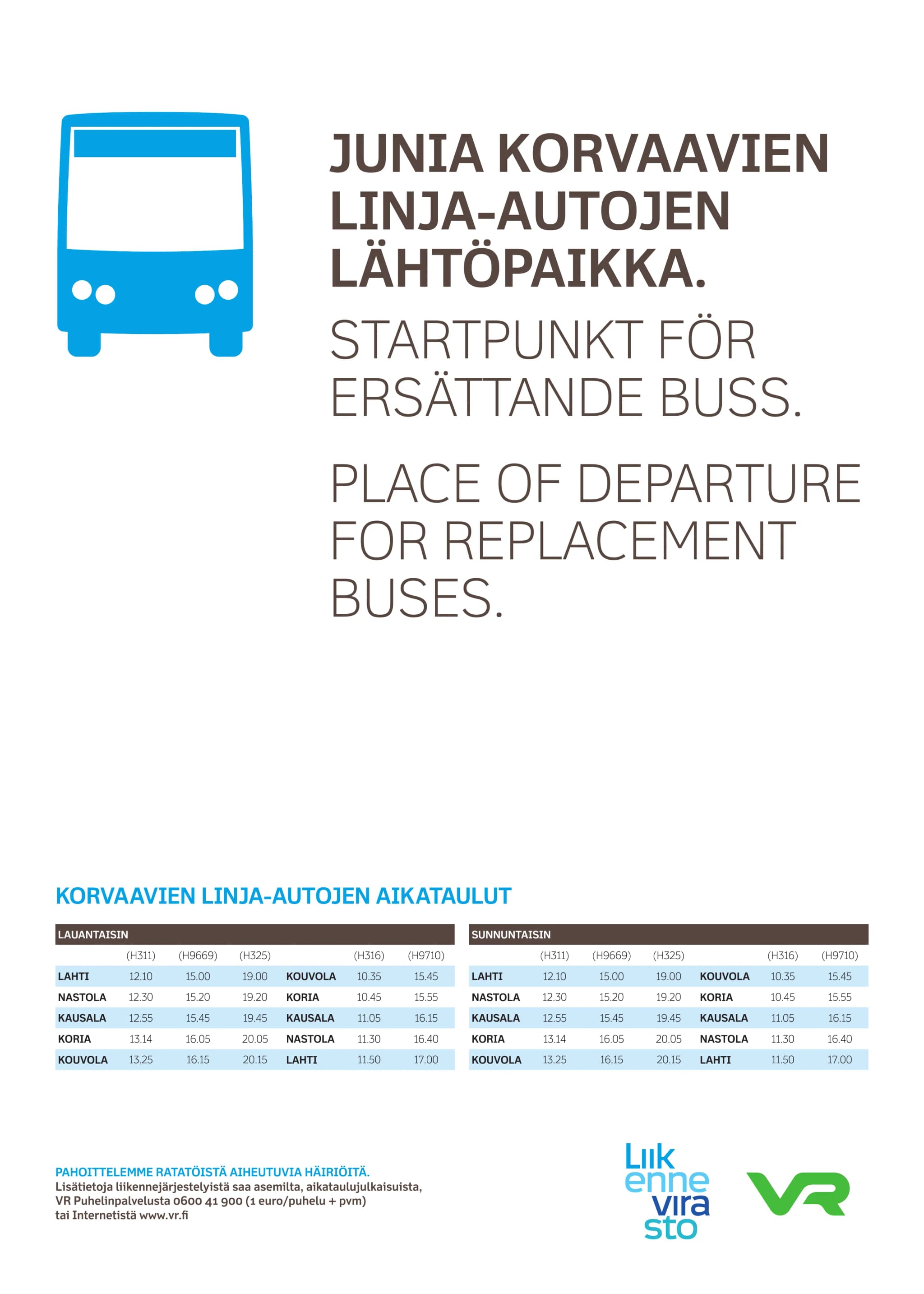 Trilingual rail replacement bus information poster