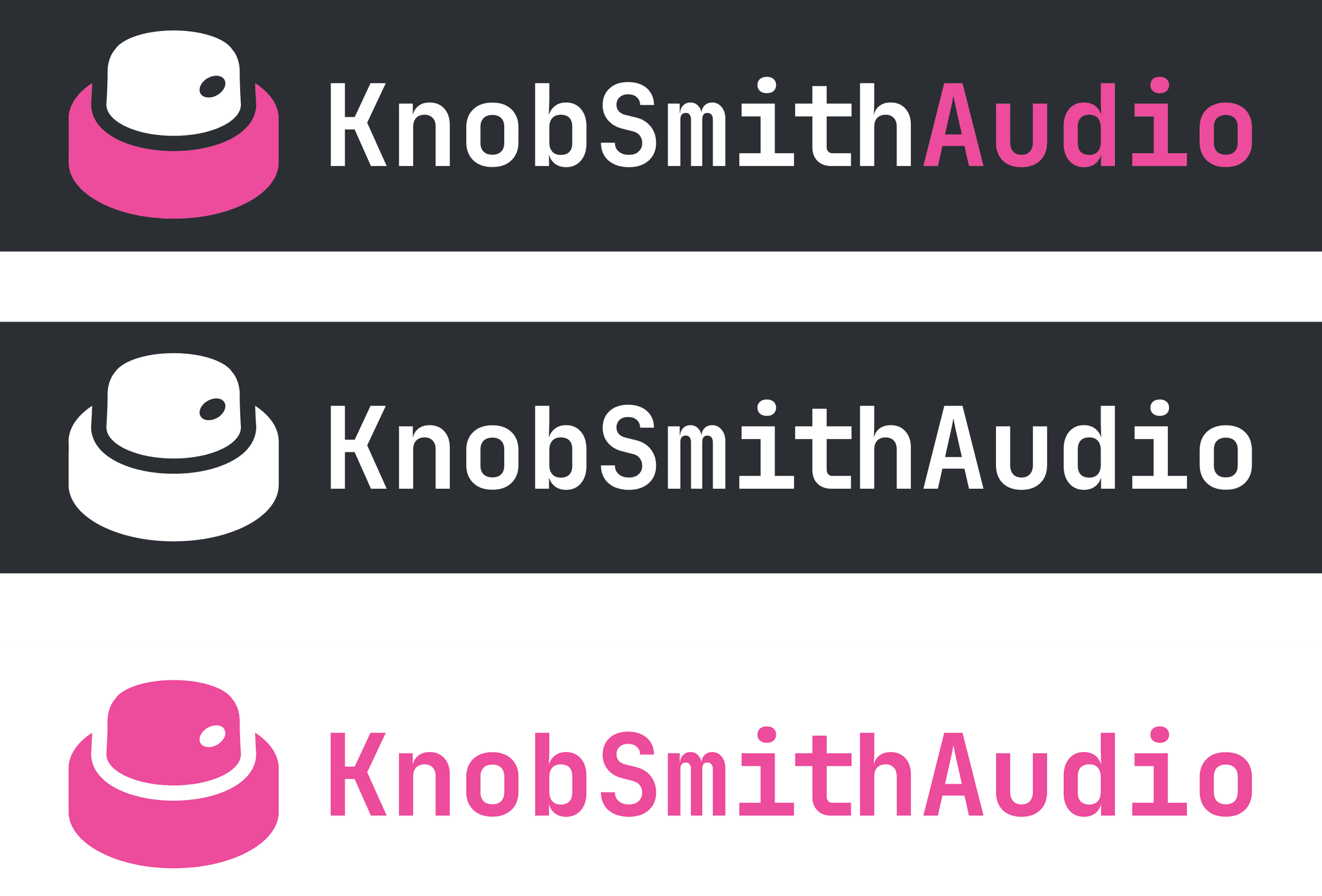 KnobSmith Audio logo color variations: white on dark and pink on white