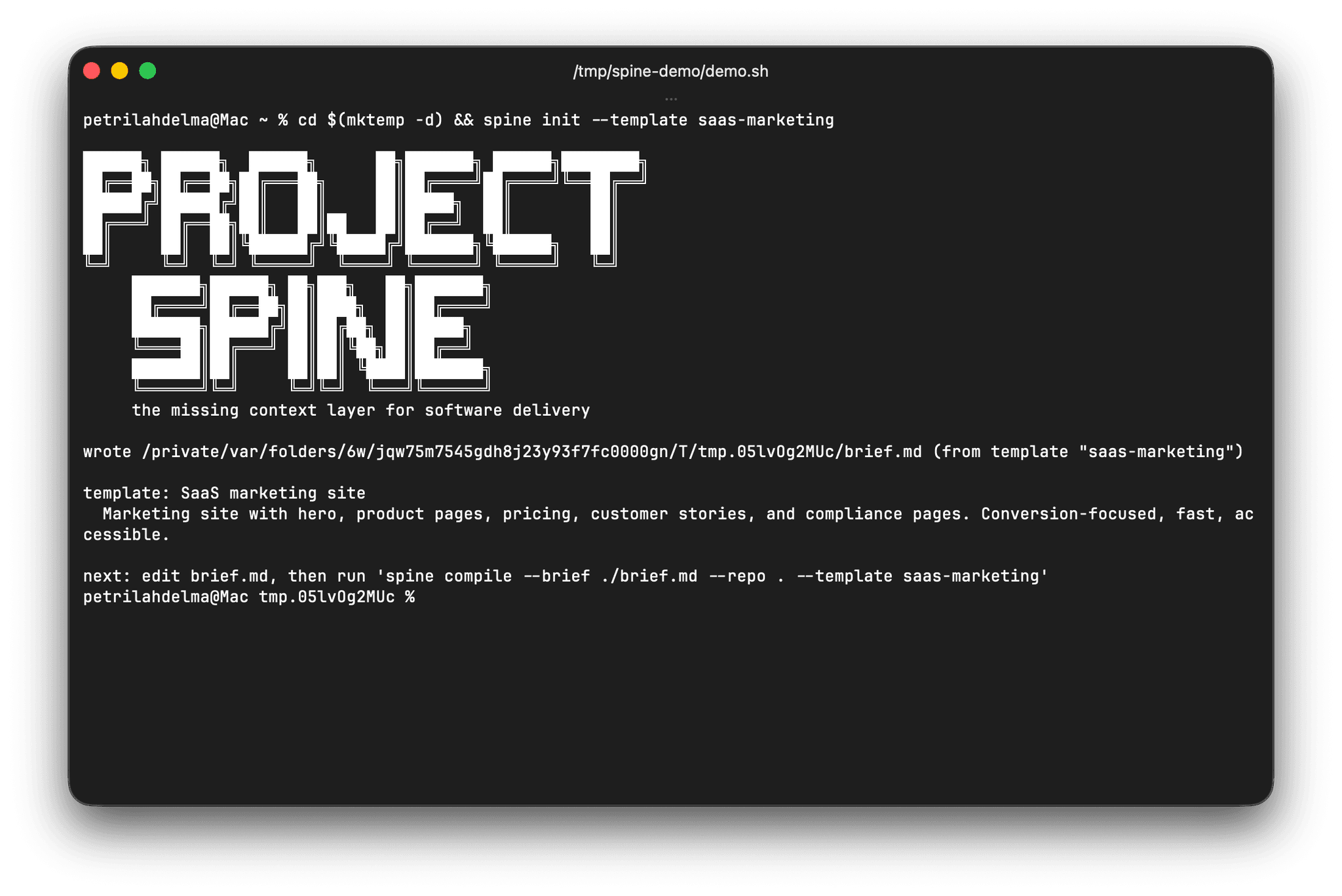 Terminal screenshot of spine init scaffolding a saas-marketing brief, with the ASCII Project Spine wordmark above the compiled output log