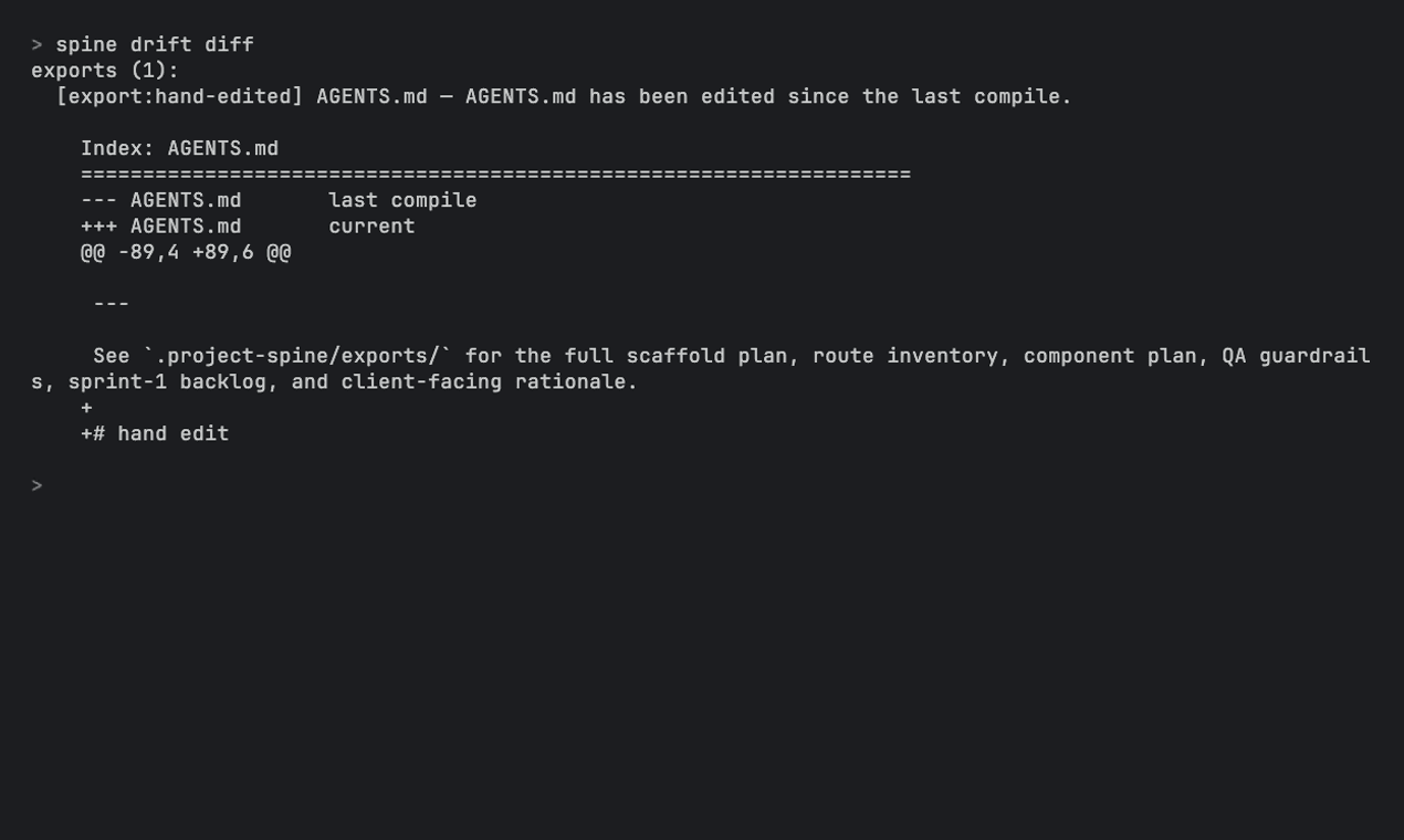 Project Spine drift diff output: unified diff between last-compiled state and current state of each export