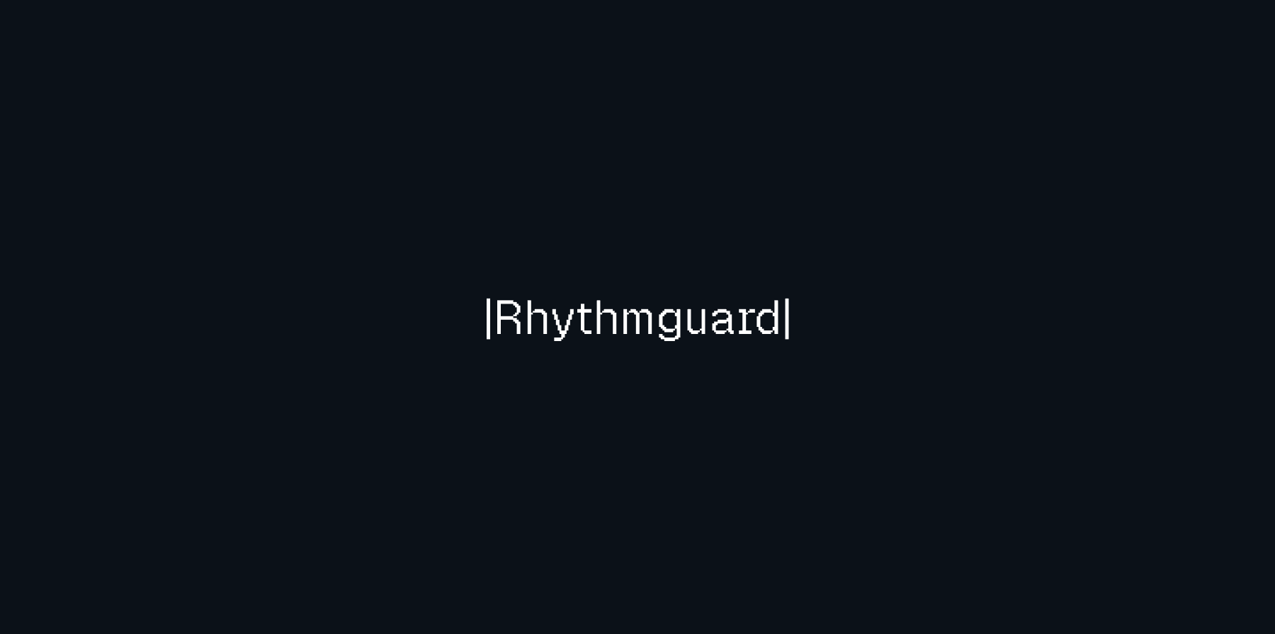 Rhythmguard wordmark: monospace |Rhythmguard| lockup centered on a near-black background