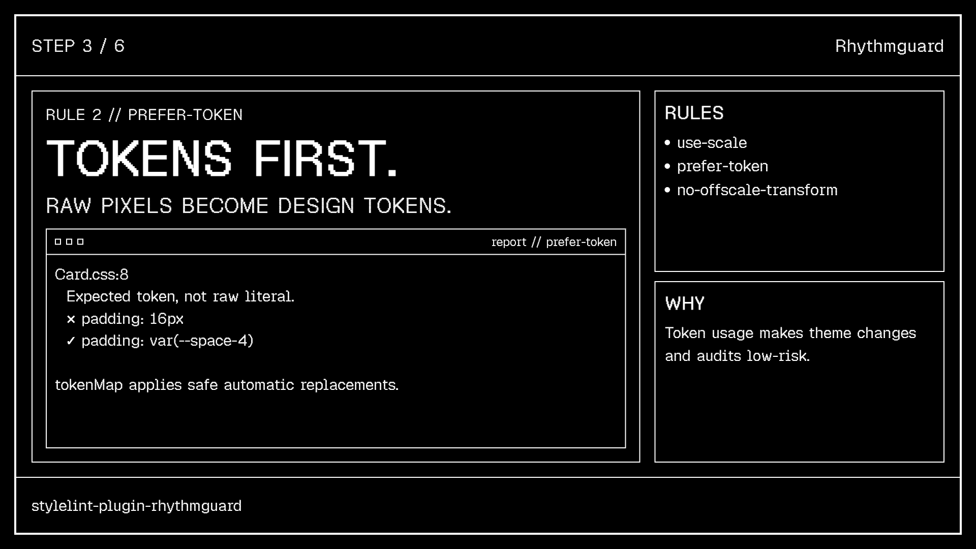 Rhythmguard prefer-token rule: TOKENS FIRST. Raw pixels become design tokens via tokenMap automatic replacements.