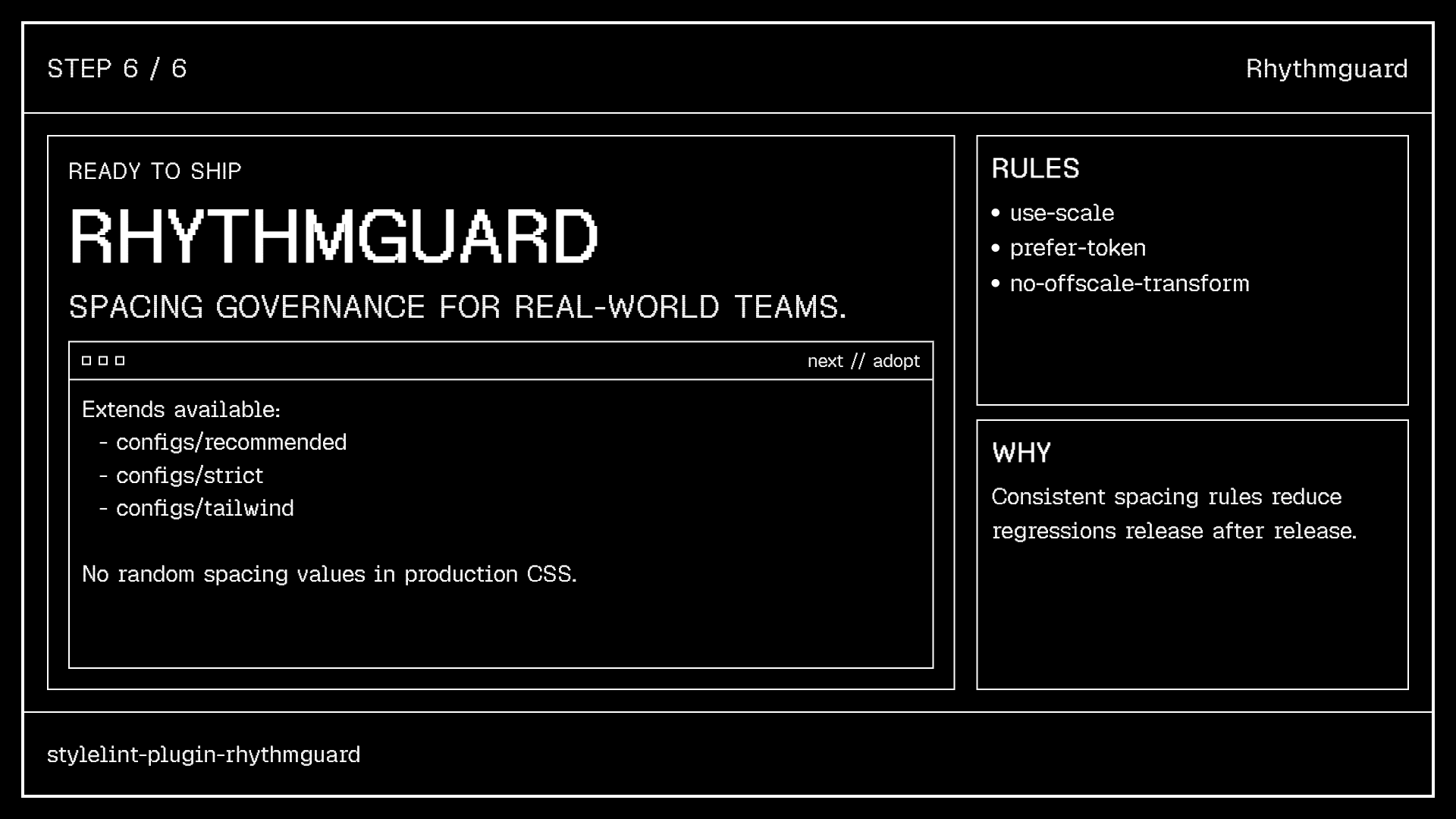 Rhythmguard CLI tools: audit, init, doctor commands for developer onboarding.