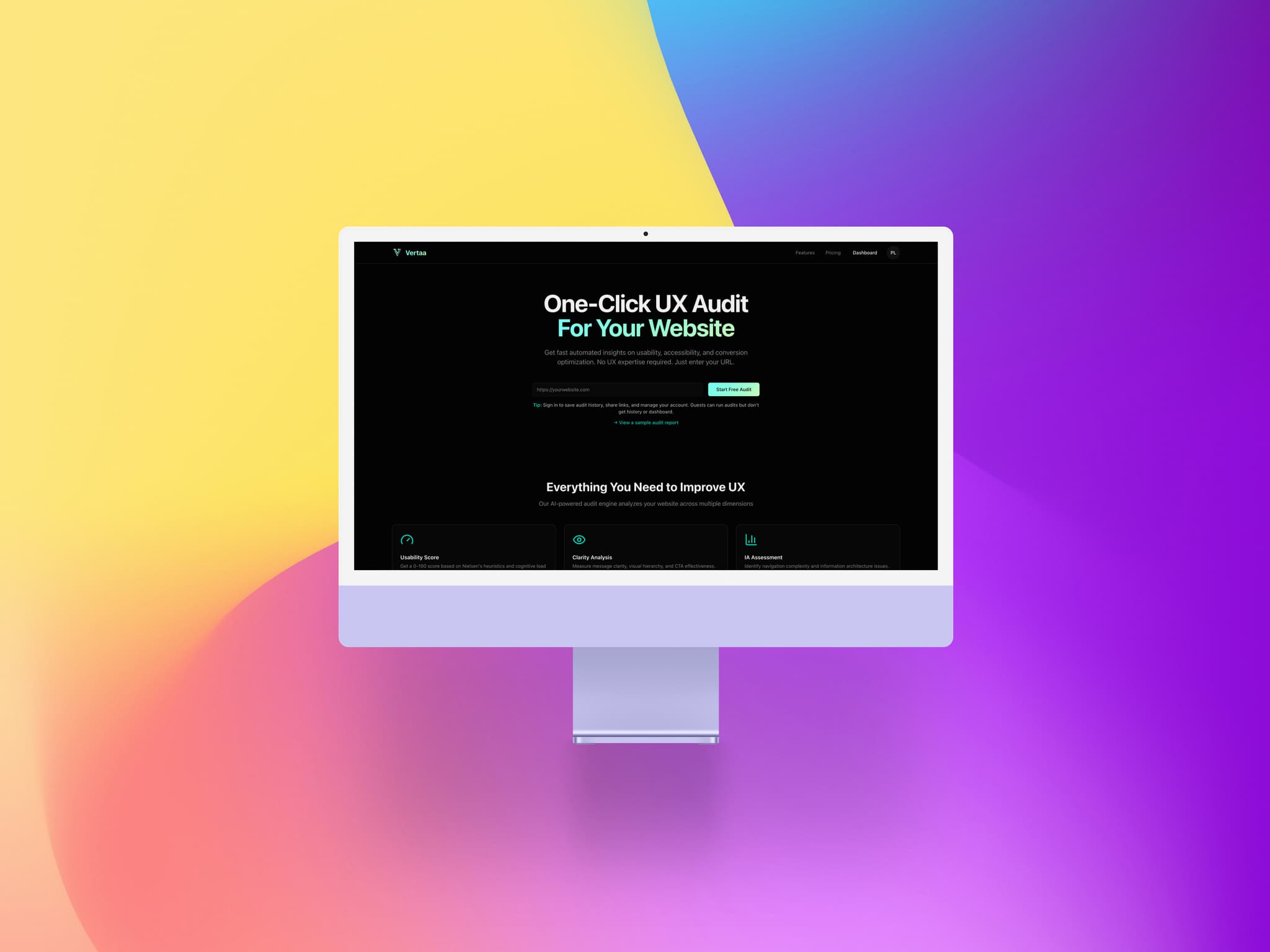 VertaaUX product interface on colorful gradient background