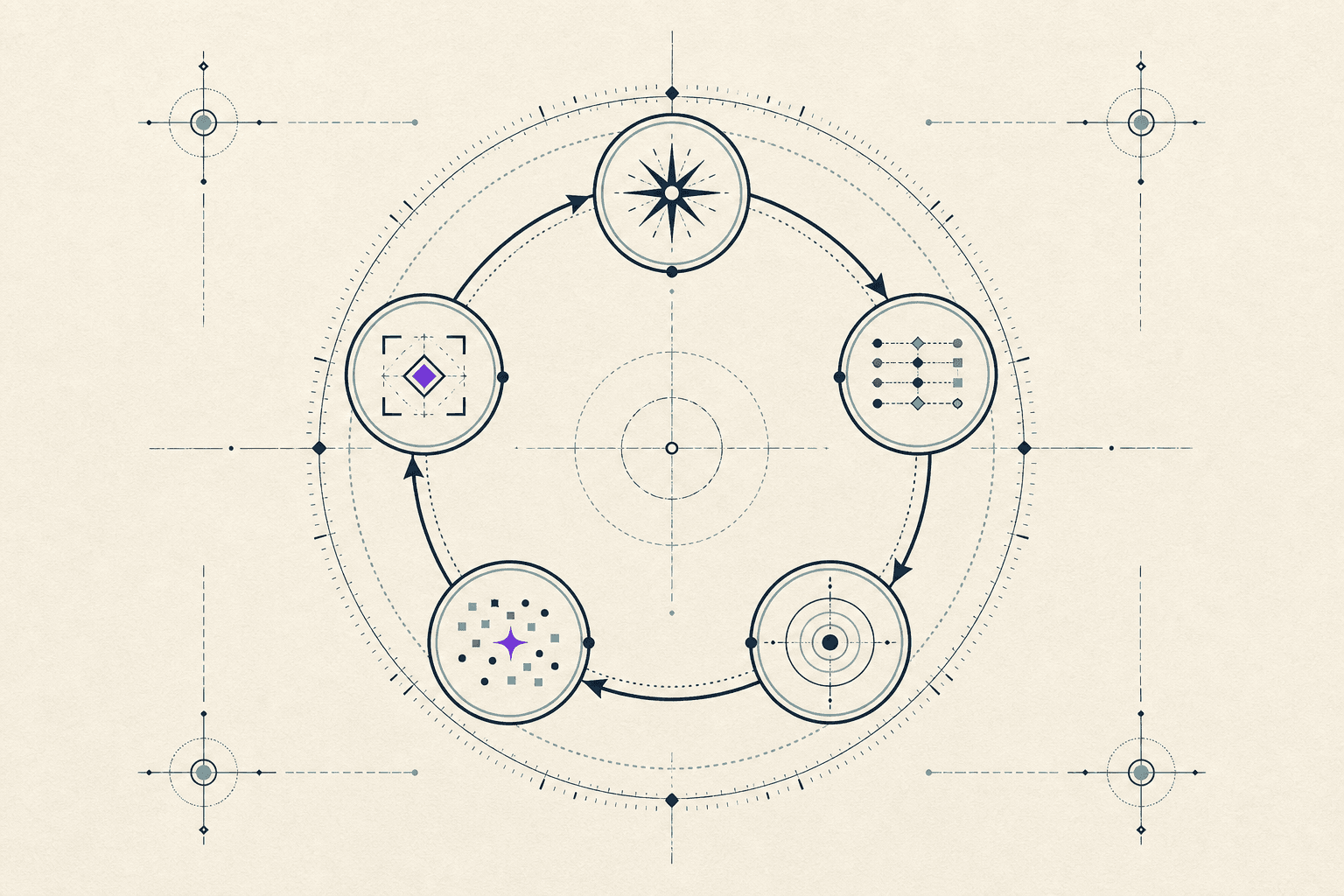 Circular diagram of the agentic operating loop: intent, rules, output, evidence, better rules