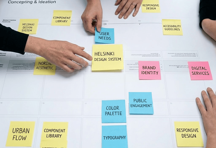 Hands arranging sticky notes on a concepting and ideation board with topics such as user needs, component library, accessibility guidelines, colour palette and typography