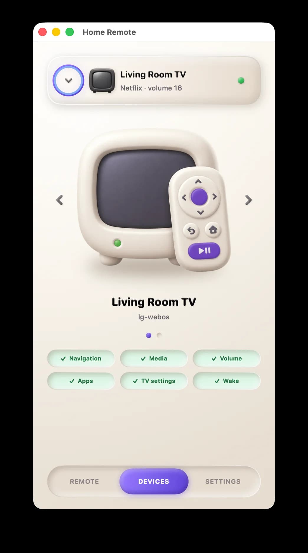Home Remote Devices tab showing the selected device with verified capability chips