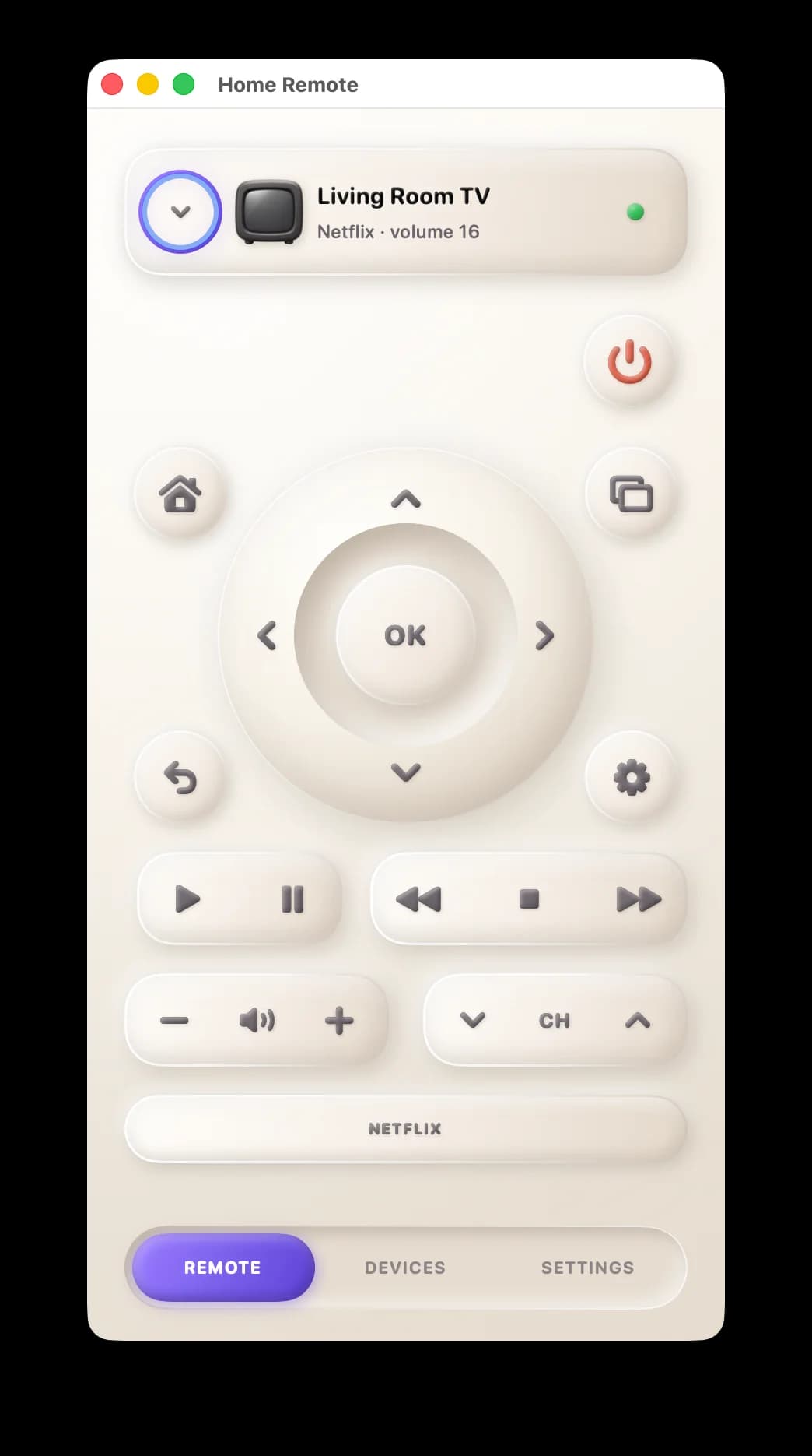 Home Remote Remote tab with clay five-way wheel, playback and volume rockers