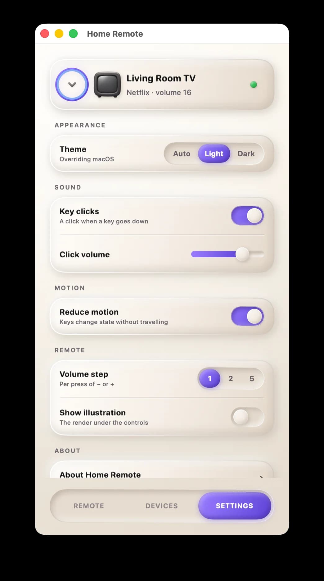 Home Remote Settings tab with theme, key clicks and reduced-motion rows