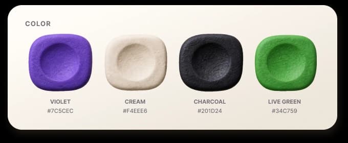 Color specimen with four clay swatches: violet, cream, charcoal and live green