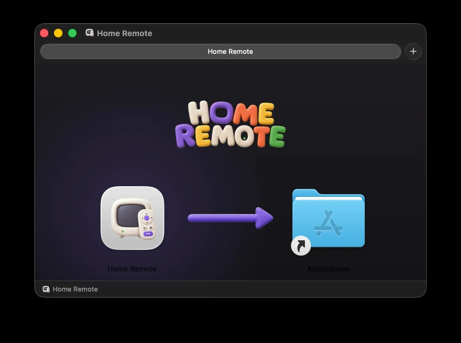 Home Remote disk image window with clay wordmark and drag-to-Applications arrow