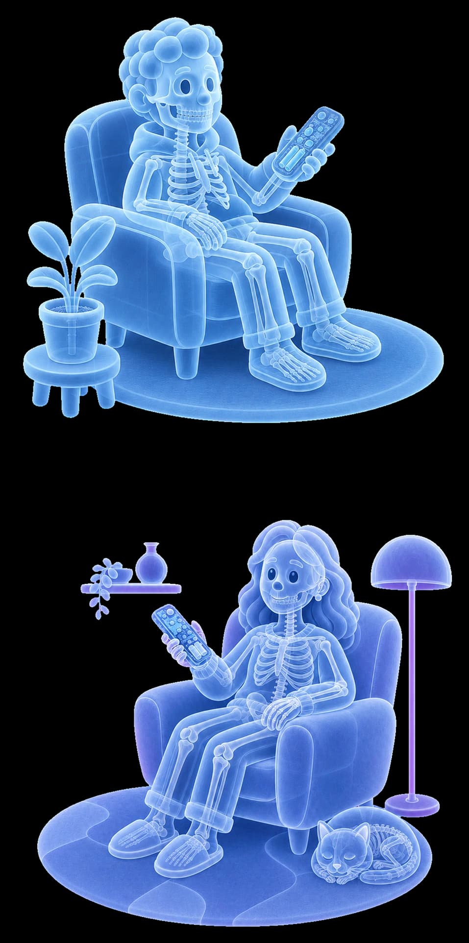 The same two armchair scenes as X-ray styled skeleton illustrations in translucent blue