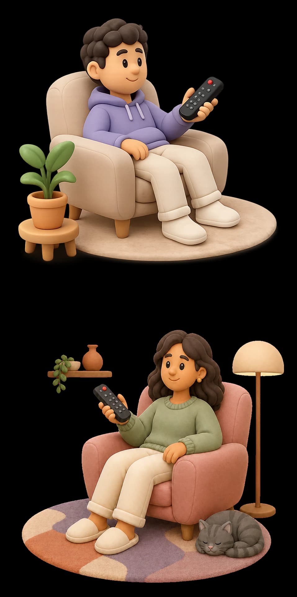 Two clay illustrations: a man in a hoodie and a woman with a sleeping cat, each in an armchair pointing a remote