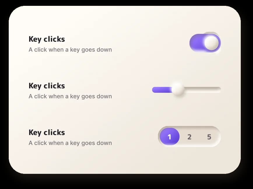 Settings rows with toggle, slider and segmented control variants