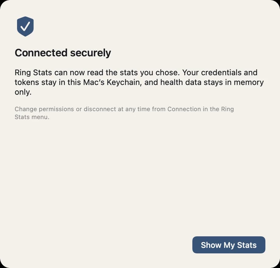 Connected securely confirmation with a shield icon and a Show My Stats button