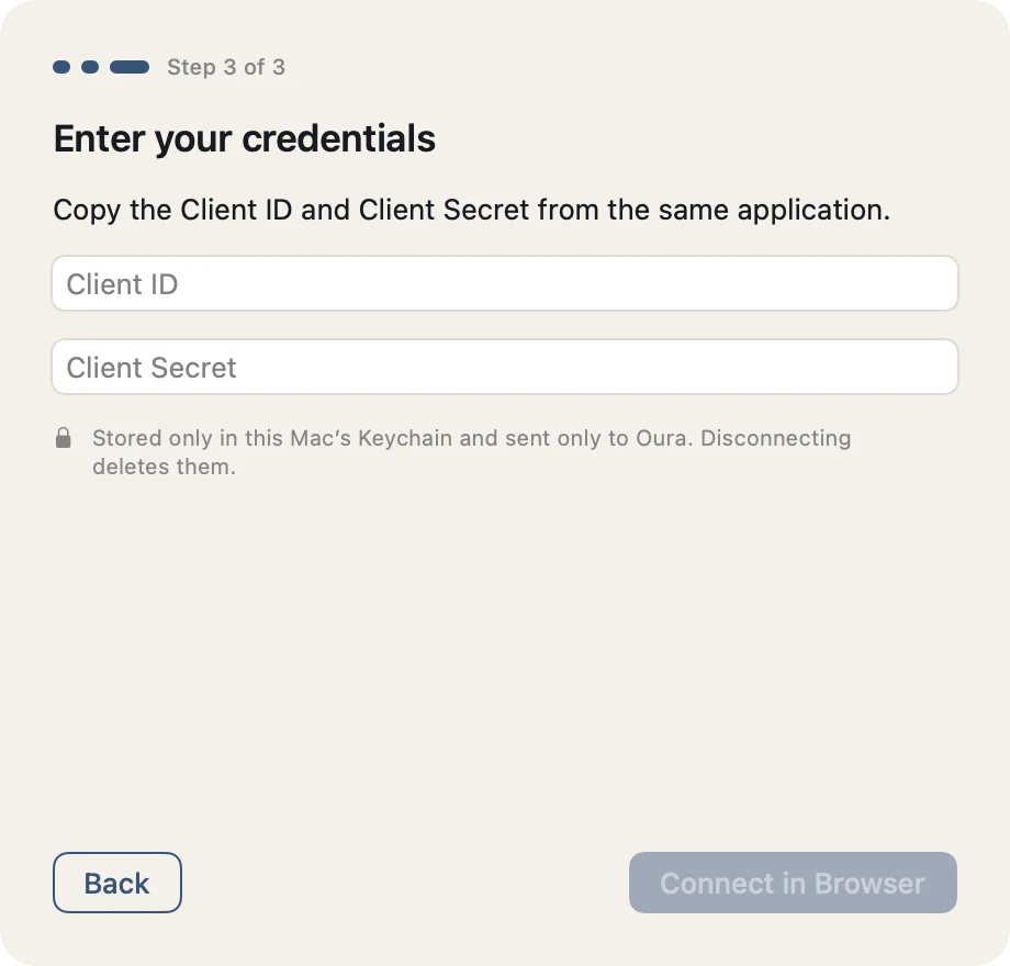 Connection step 3 of 3: Client ID and Client Secret fields with a Keychain storage note