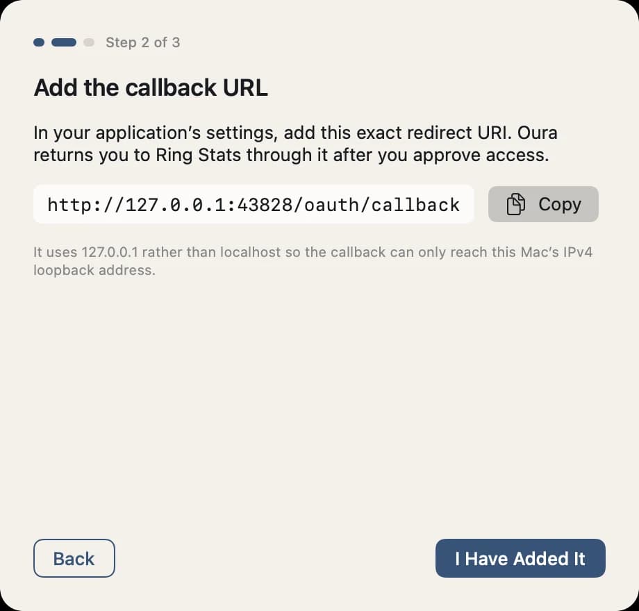 Connection step 2 of 3: add the loopback callback URL, with a Copy button