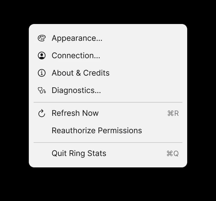 Ring Stats menu with icons: Appearance, Connection, About & Credits, Diagnostics, Refresh Now, Reauthorize Permissions and Quit Ring Stats