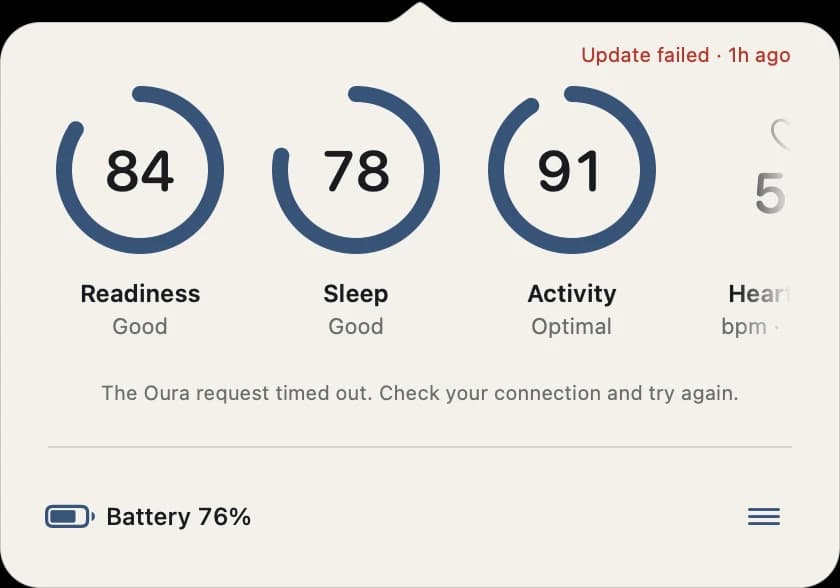Failed refresh: status reads Update failed one hour ago, with a timeout explanation above the battery row