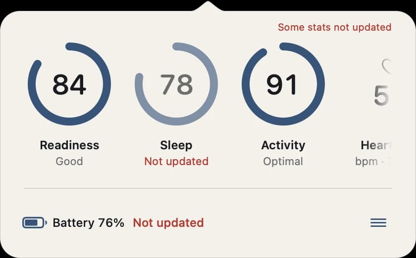 Partial refresh: Sleep dimmed and marked Not updated, battery marked Not updated, status reads Some stats not updated