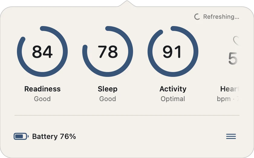 Narrow popover while refreshing, with a small spinner in the status line