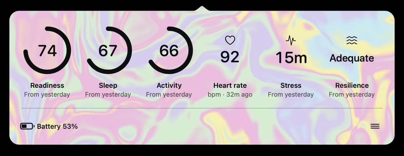Holographic theme: dark score rings and labels over a marbled pastel iridescent background, with Resilience enabled and battery at 53%