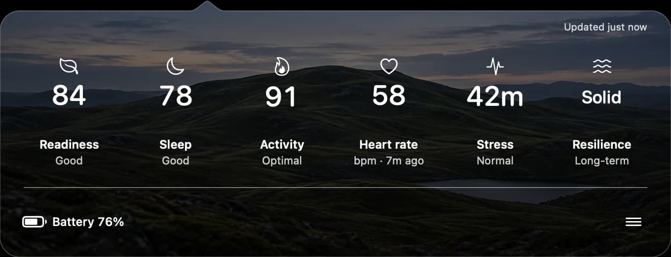 Landscape theme: the same stats in white over a dusky Nordic hillside photograph, with Resilience enabled