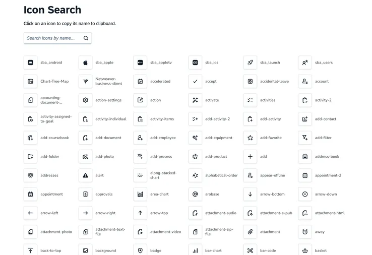 Icon component implementation with search and customization