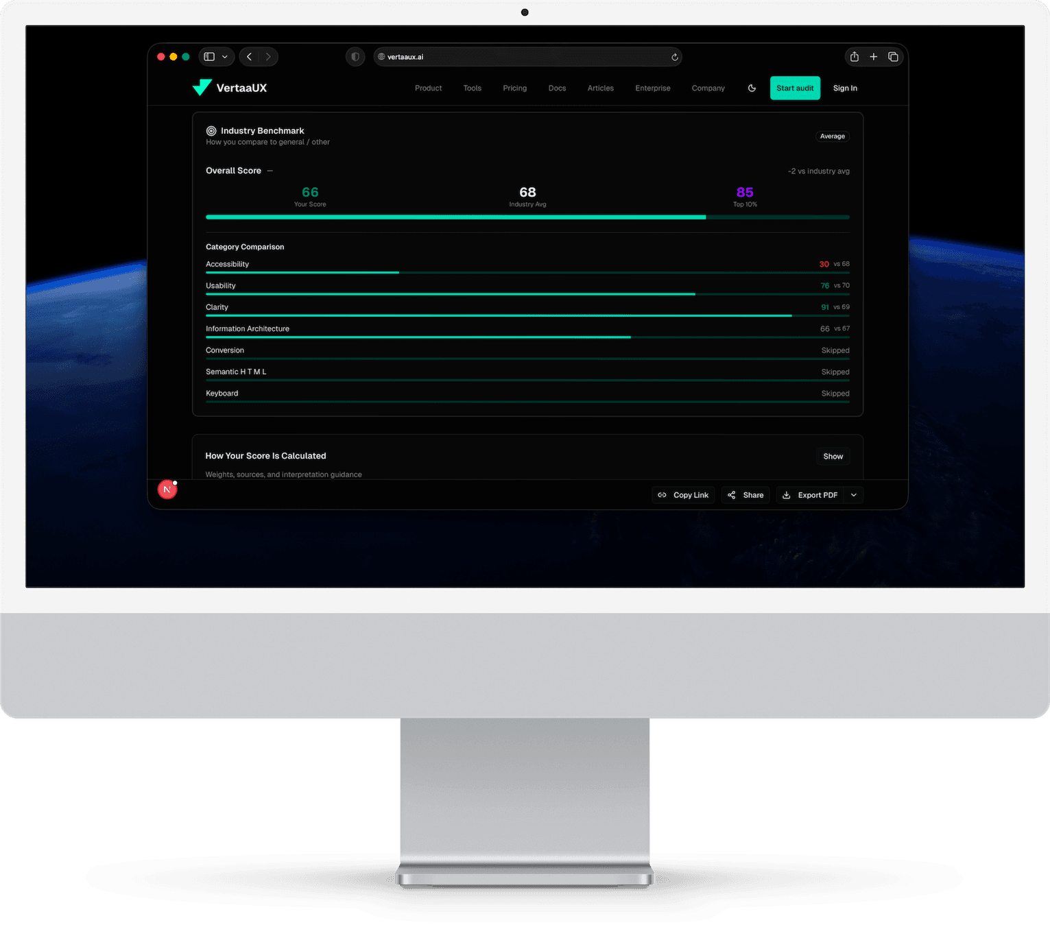 VertaaUX audit results interface showing scores across usability, clarity and accessibility dimensions
